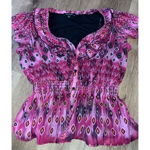 Vintage Notations‎ Womens Top Blouse Ruffle Neckline Pink Geometric Print L y2k